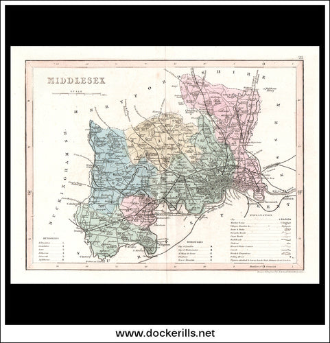 Map Of Middlesex, England. Antique Print, Steel Engraving c. 1846.