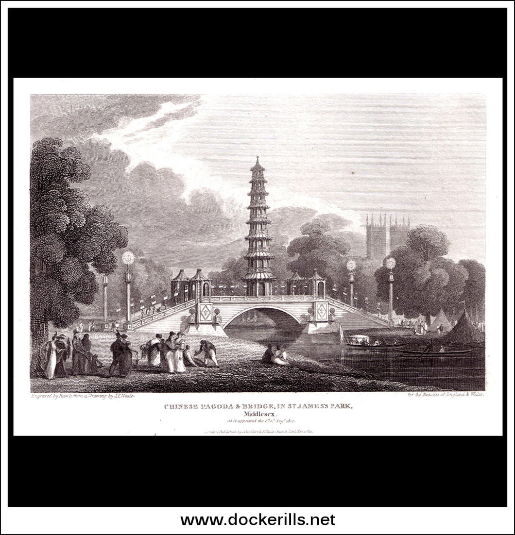 antique print a view of the Chinese Pagoda & Bridge St James's Park Middlesex England