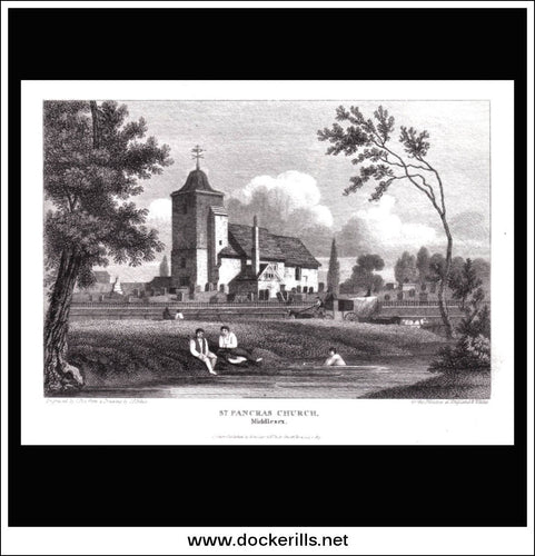 antique print a view of St. Pancras Church Mddlesex England