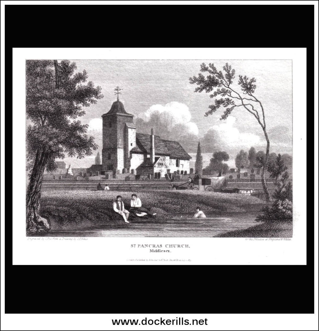 antique print a view of St. Pancras Church Mddlesex England