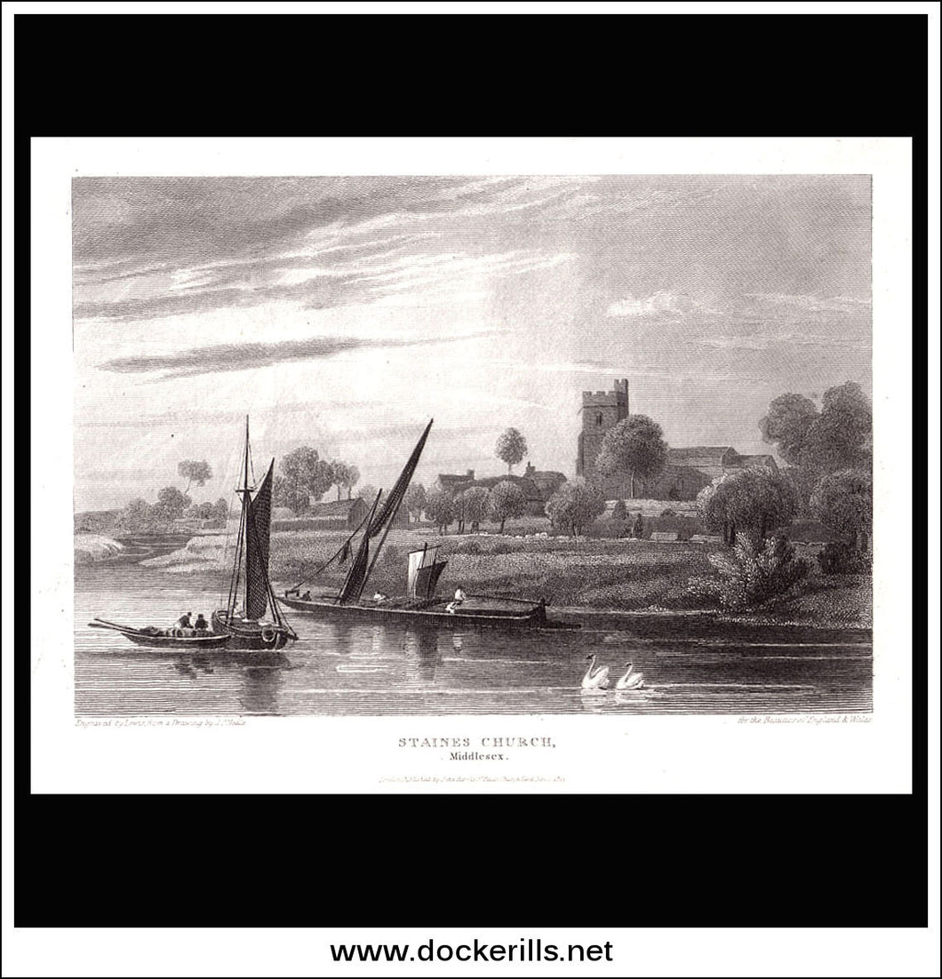antique print a view of Staines Church Mddlesex England