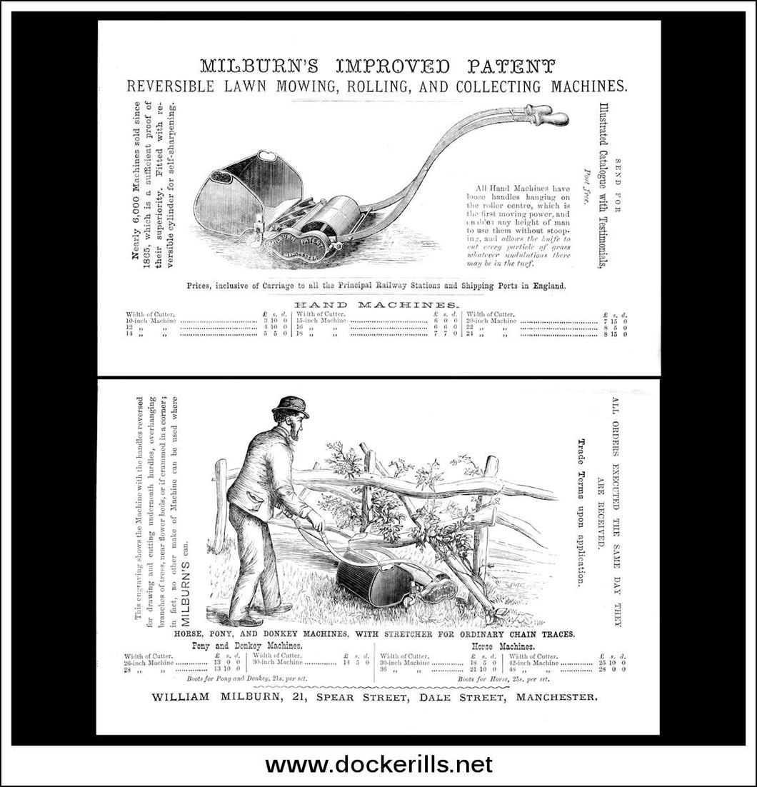 Milburn's Improved Patent Reversible Lawn Mowing, Rolling & Collecting Machine. Original Advert From c. 1870.