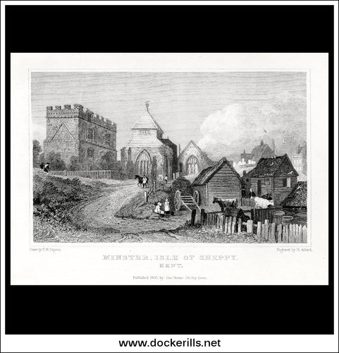 Minster, Isle Of Sheppy, Kent, England. Antique Print, Steel Engraving 1830.