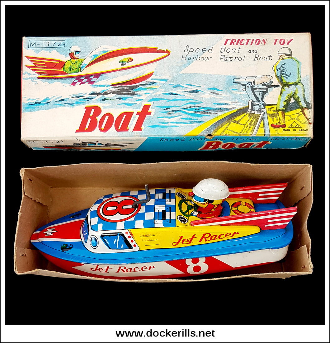 Speed Boat & Harbour Patrol Boat / Jet Racer 8 Speed Boat, Mitsuhashi,  Japan. Clockwork Toy Boat.
