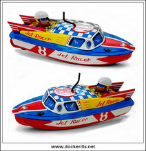 Speed Boat & Harbour Patrol Boat / Jet Racer 8 Speed Boat, Mitsuhashi, Japan. Clockwork Toy Boat - Side Views.