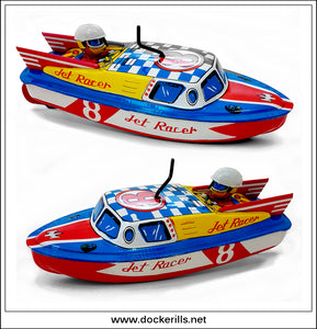 Speed Boat & Harbour Patrol Boat / Jet Racer 8 Speed Boat, Mitsuhashi, Japan. Clockwork Toy Boat - Side Views.