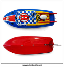 Speed Boat & Harbour Patrol Boat / Jet Racer 8 Speed Boat, Mitsuhashi, Japan. Clockwork Toy Boat - Upper  and Lower Surfaces.