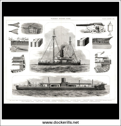 Modern Types Of Warship. Antique Print, Lithograph c. 1880.