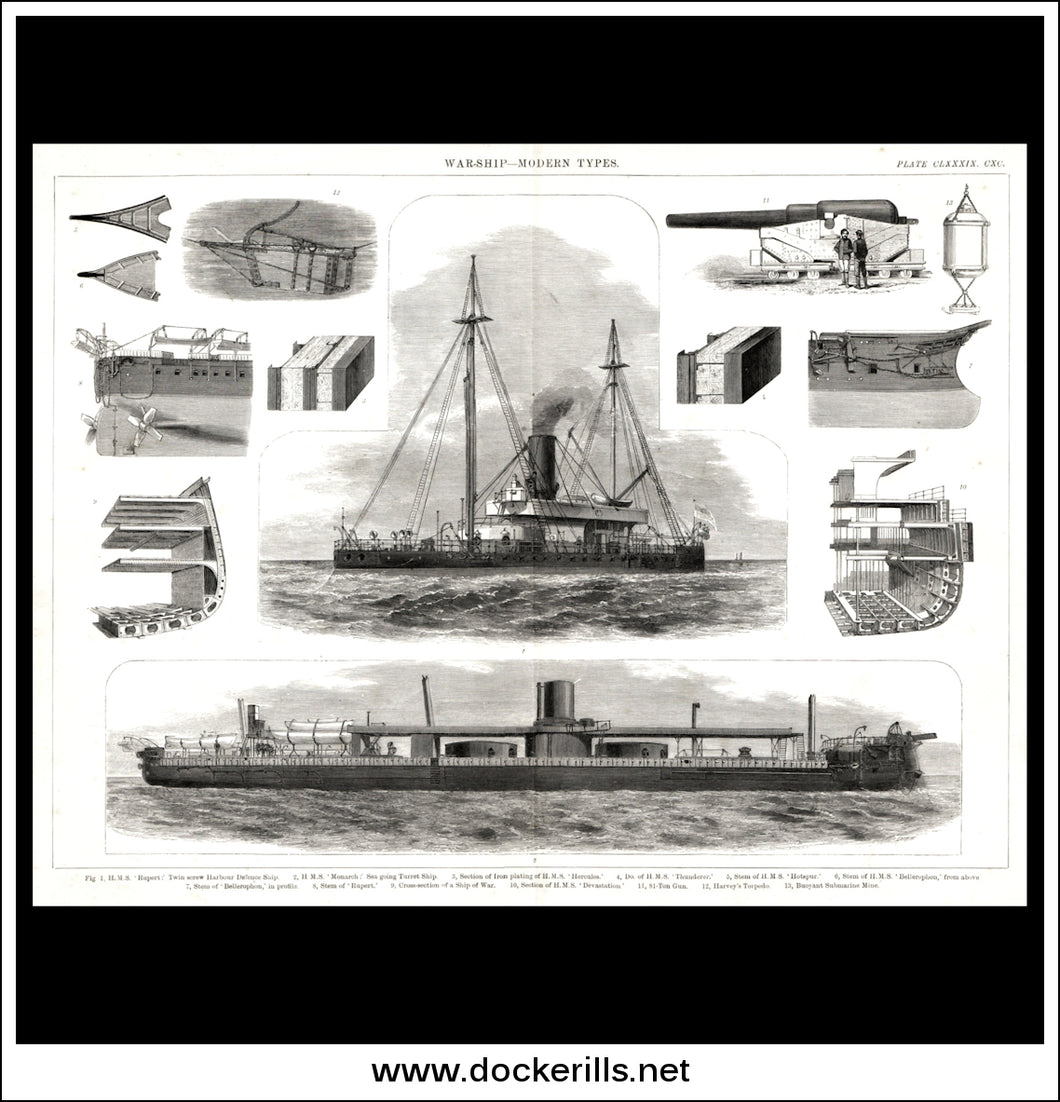 Modern Types Of Warship. Antique Print, Lithograph c. 1880.