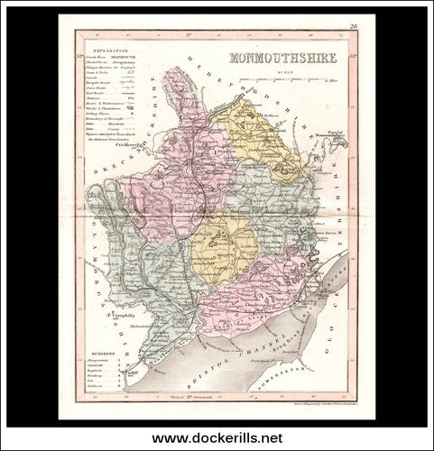 Map Of Monmouthshire, Wales. Antique Print, Steel Engraving c. 1846.