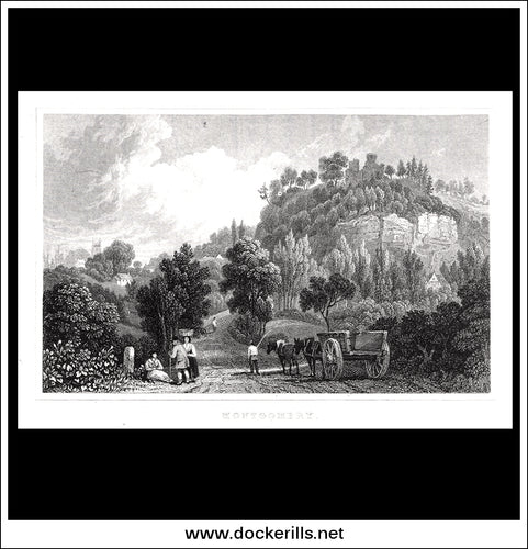 Montgomery, Mongomeryshire, Wales. Antique Print, Steel Engraving c. 1830.