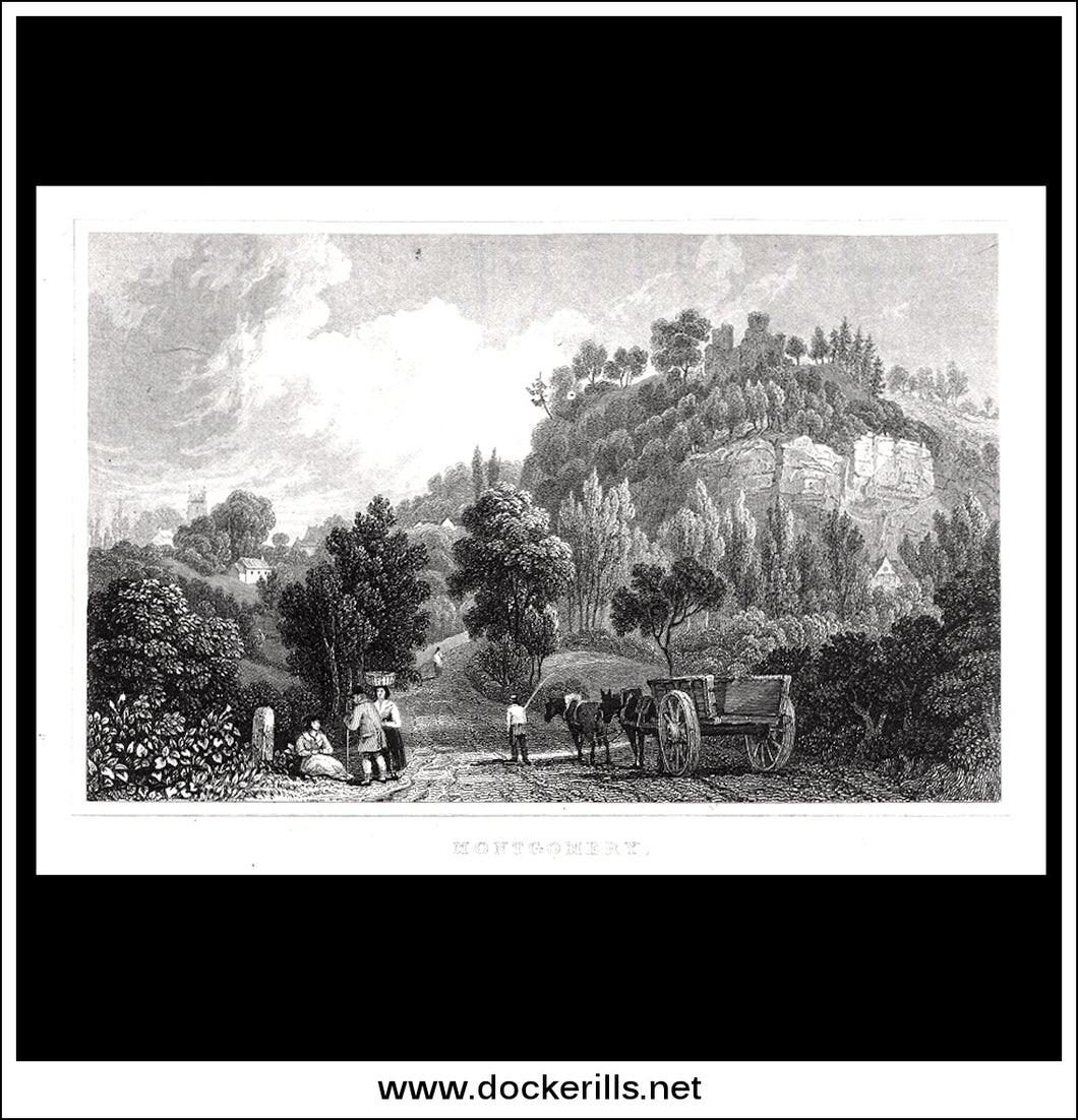 Montgomery, Mongomeryshire, Wales. Antique Print, Steel Engraving c. 1830.