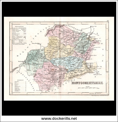 Map Of Montgomeryshire, Wales. Antique Print, Steel Engraving c. 1846.