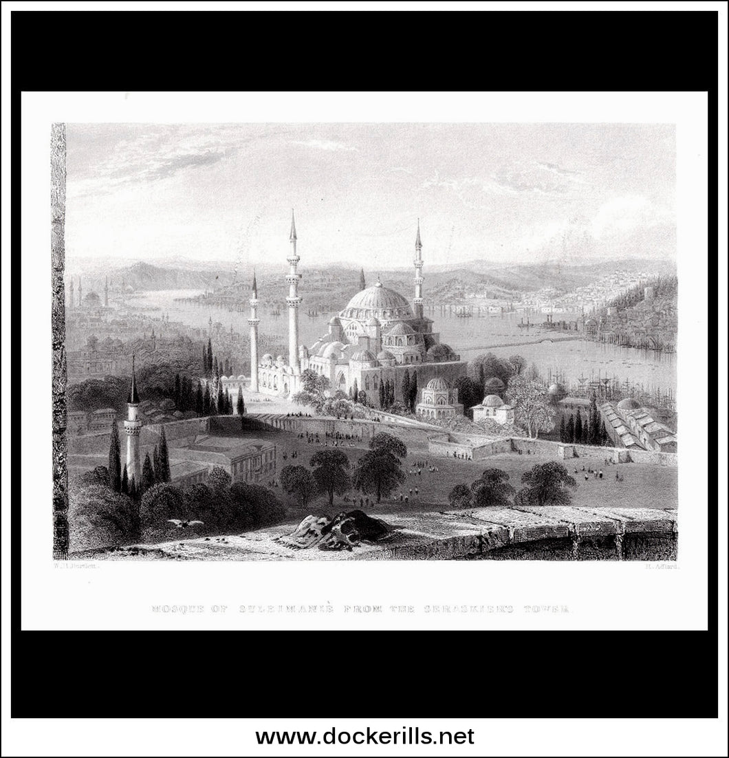 Mosque Of Suleimanie, Turkey. Antique Print, Steel Engraving 1839.