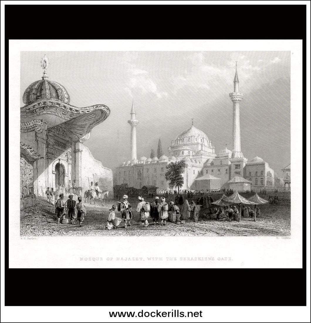 Mosque Of Bajazet, Turkey. Antique Print, Steel Engraving c. 1840.