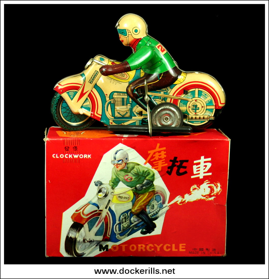 Motorcycle MS 602. Vintage Tin Plate Clockwork Toy, China