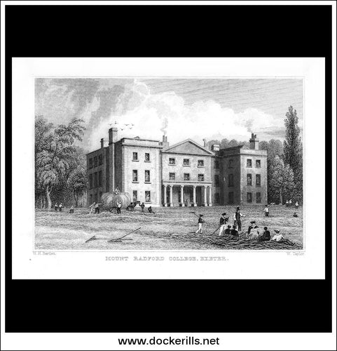 Mount Radford College, Exeter, Devonshire, England. Antique Print, Steel Engraving c. 1830.