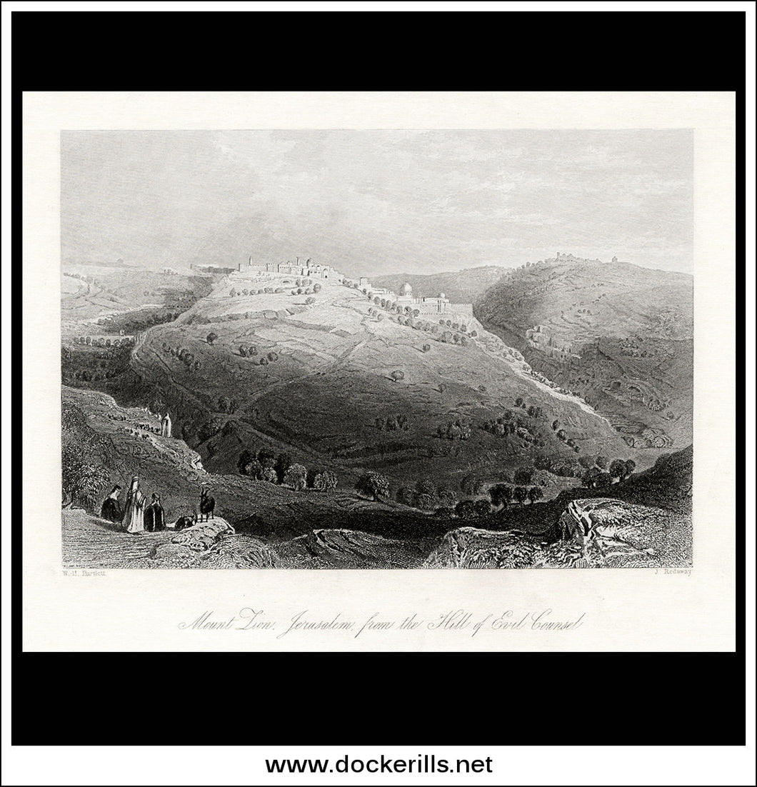 Mount Zion, Jerusalem, From The Hill Of Evil Council, Israel / Holy Land. Antique Print, Steel Engraving c. 1840.