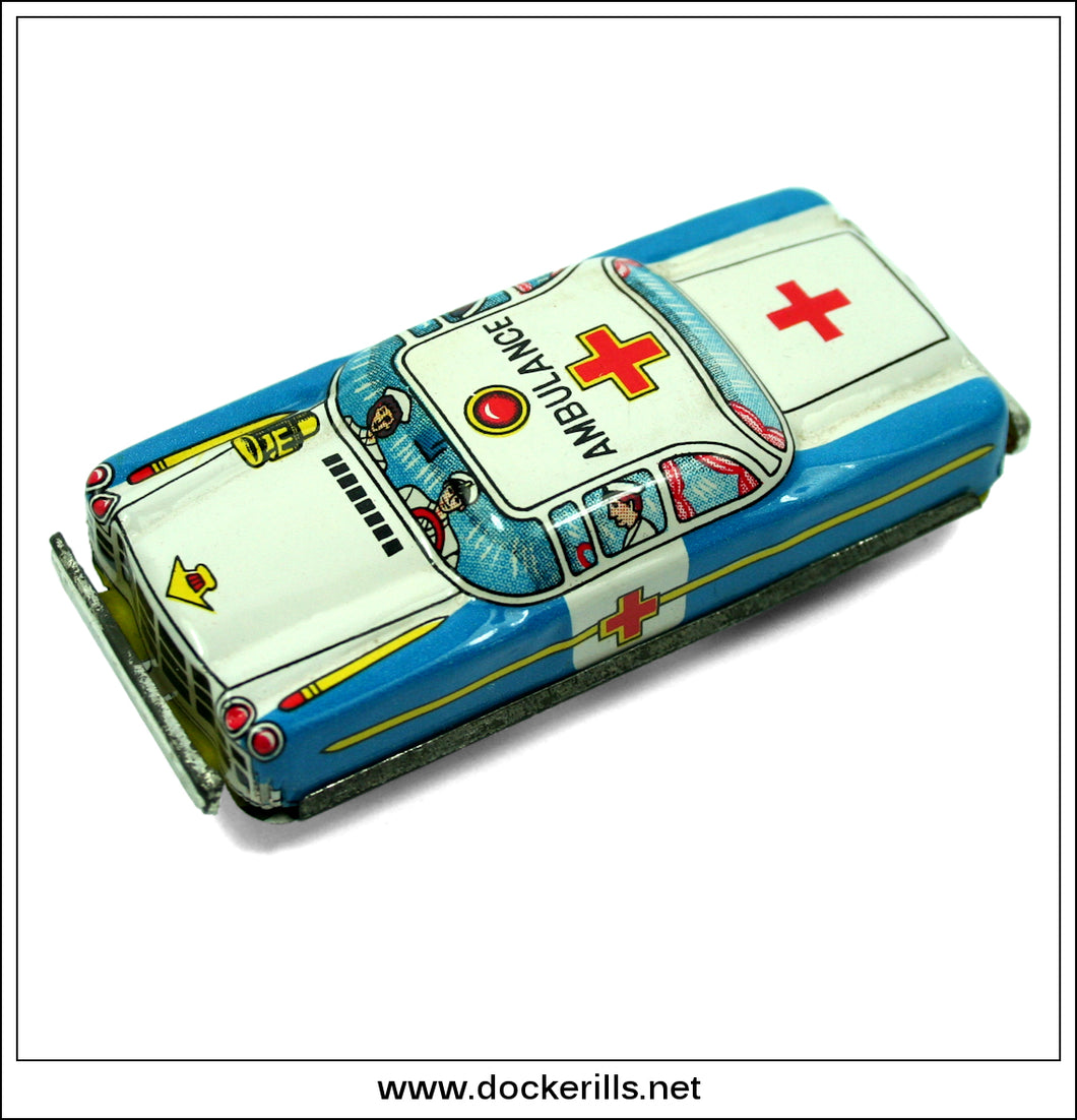 Ambulance Car, Vintage Tin Plate Friction Novelty Toy, Nakamura, Japan. 6544