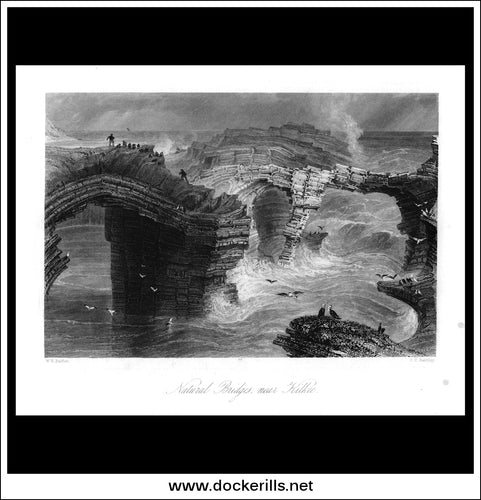 Natural Bridges Near Kilkee, Co. Clare, Ireland. Antique Print, Steel Engraving c. 1840.