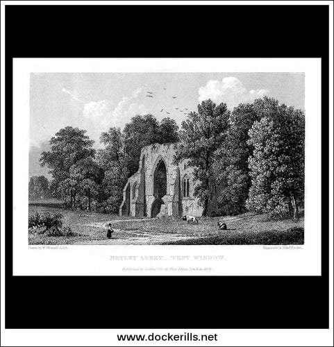 Netley Abbey, West WIndow, Hampshire, England. Antique Print, Steel Engraving 1829.