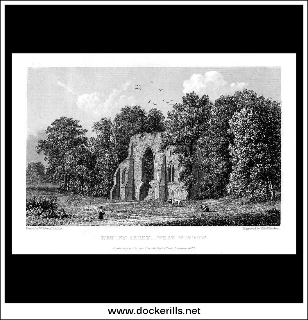 Netley Abbey, West WIndow, Hampshire, England. Antique Print, Steel Engraving 1829.
