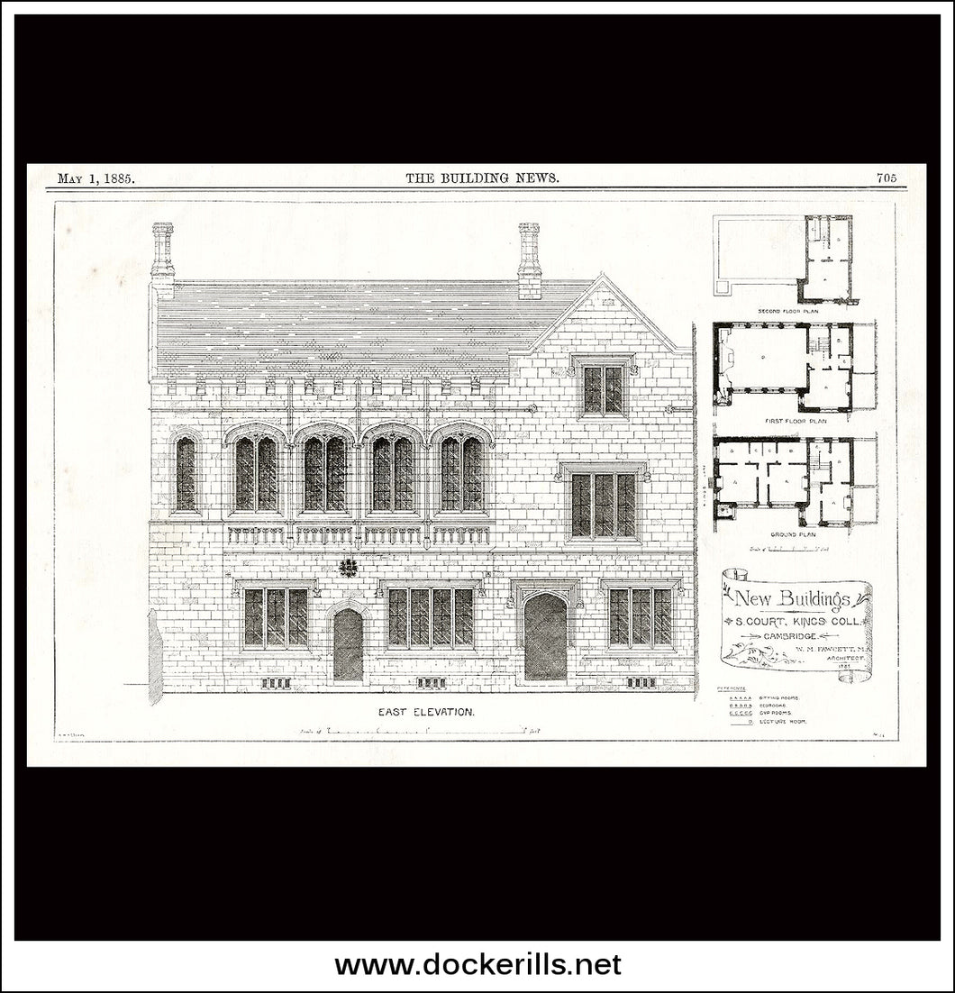 New Buildings, South Court, Kings College Cambridge - The Building News. Antique Print, Lithograph 1885.