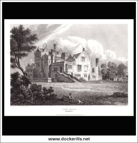 New Hall, Yorkshire, England. Antique Print, Copper Plate Engraving 1813.