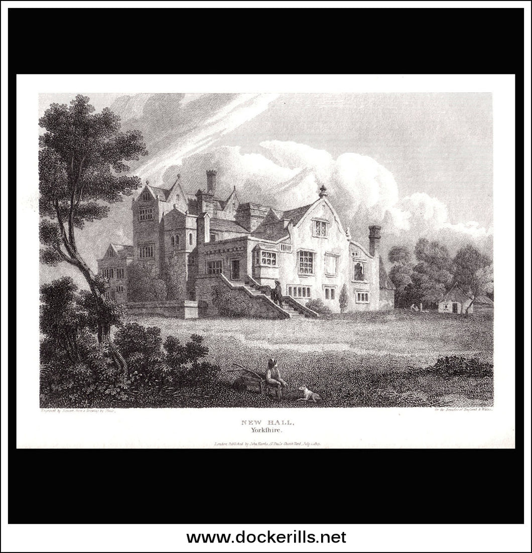 New Hall, Yorkshire, England. Antique Print, Copper Plate Engraving 1813.