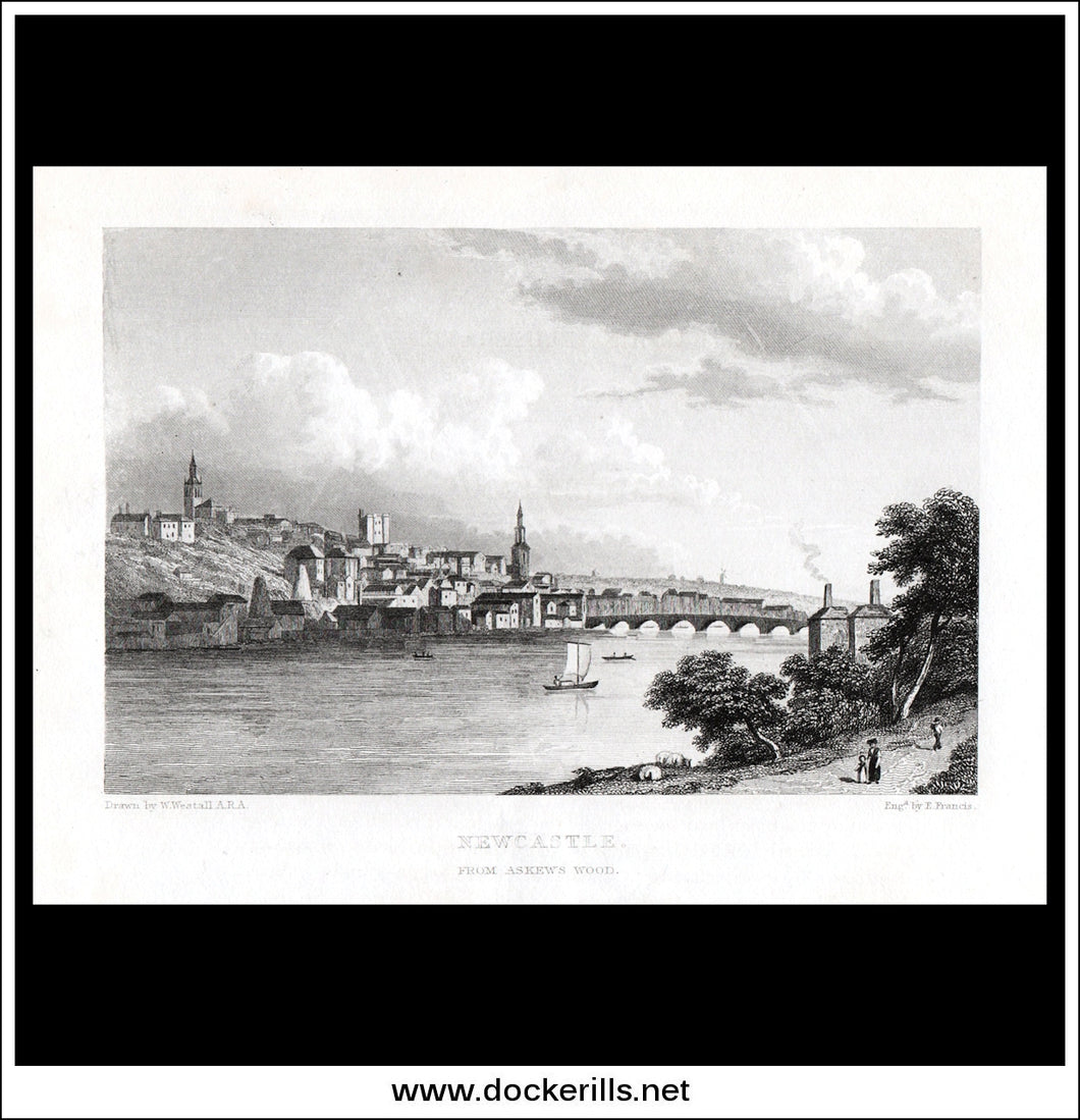 Newcastle From Askew's Wood, Northumberland, England. Antique Print, Steel Engraving c. 1830.