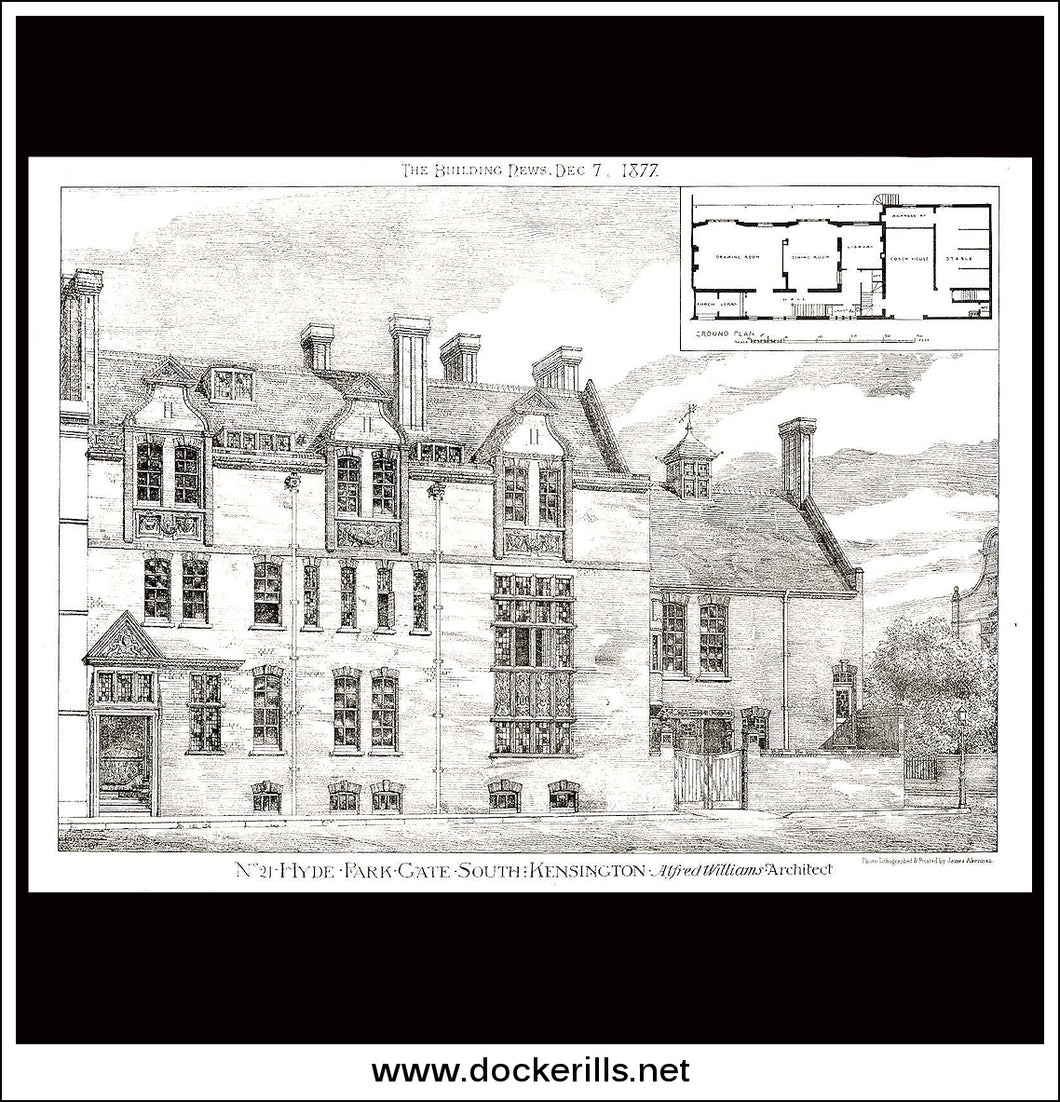 No. 21 Hyde Park Gate South, Kensington - The Building News. Antique Print, Lithograph 1877.