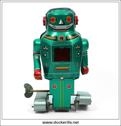 Mighty Robot, Noguchi, Japan. Vintage Tin Plate Clockwork Paddle Foot Robot 2.