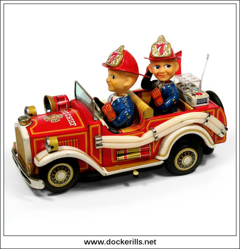 Antique Fire Car. Vintage 1950's Tin Plate Battery Operated Novelty Toy Fire Engine, Nomura / Showa, Japan. Boxed.