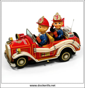 Antique Fire Car. Vintage 1950's Tin Plate Battery Operated Novelty Toy  Fire Engine, Nomura / Showa, Japan. Boxed.