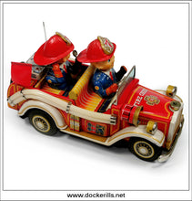 Antique Fire Car. Vintage 1950's Tin Plate Battery Operated Novelty Toy Fire Engine, Nomura / Showa, Japan. Boxed.