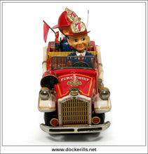 Antique Fire Car. Vintage 1950's Tin Plate Battery Operated Novelty Toy Fire Engine, Nomura / Showa, Japan. Boxed.