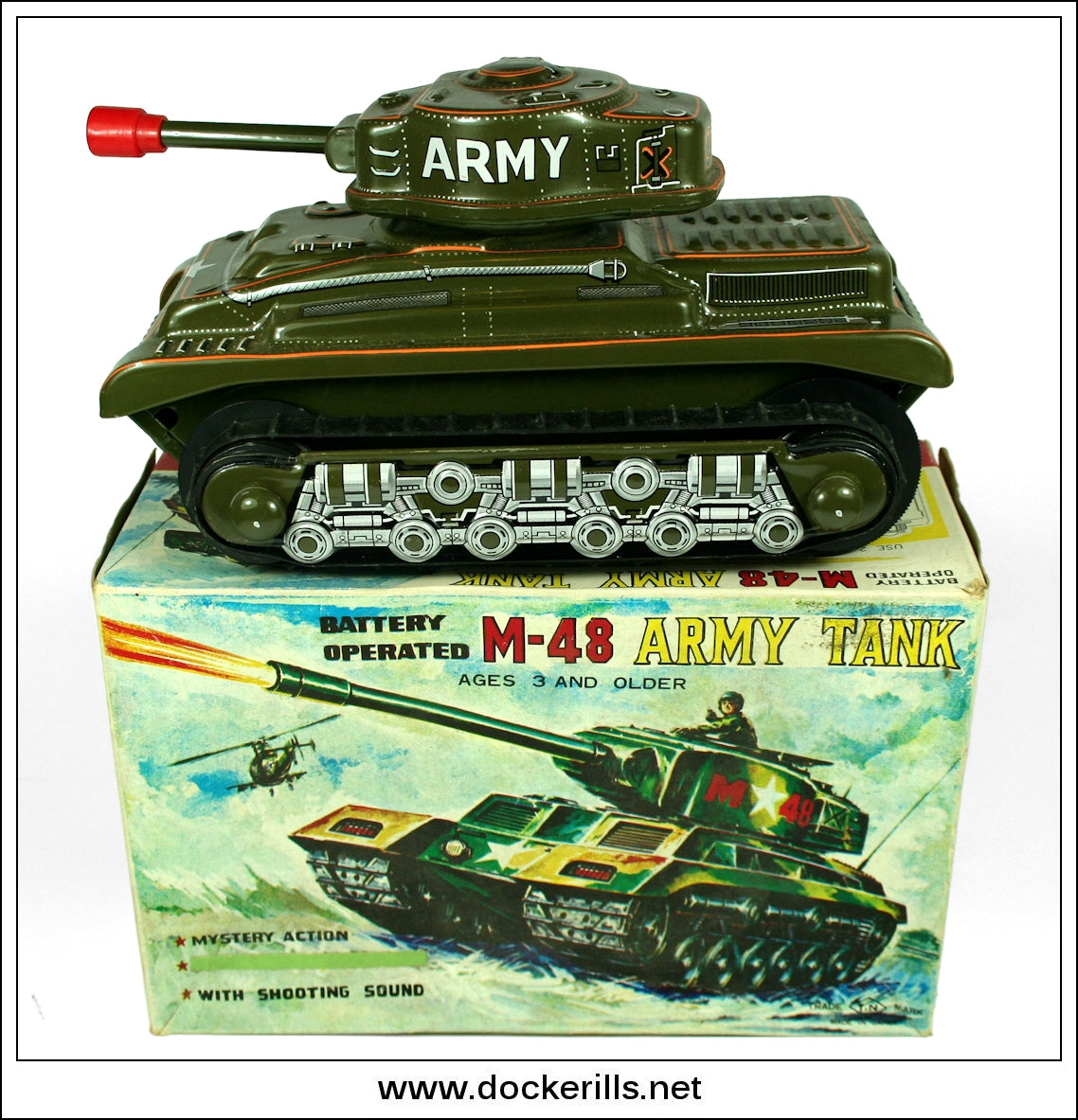 M-48 Army Tank. Vintage 1960's Tin Plate Battery Operated Tank