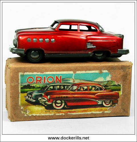Orion Saloon. Vintage 1950's Tin Plate Friction Drive Toy Car, Nomura, Japan 1.