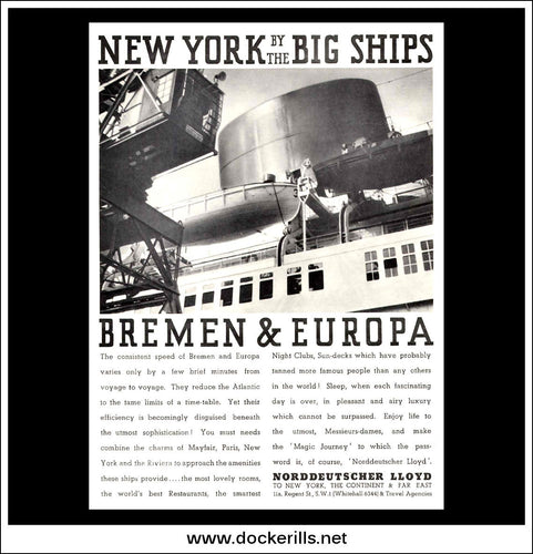 Bremen & Europa Ocean Liners, Nord Lloyd. Original Vintage Advert From 1936.