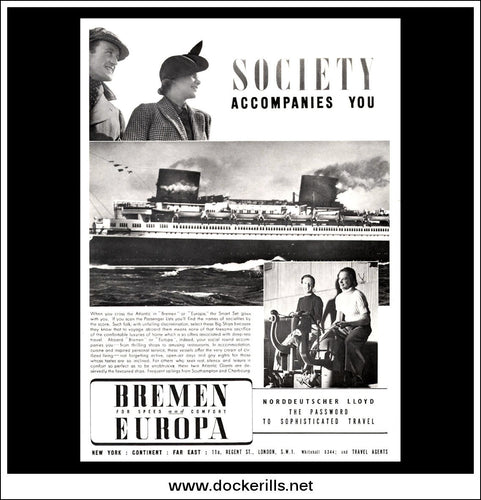 Bremen & Europa Ocean Liners, Nord Lloyd. Original Vintage Advert From 1938.