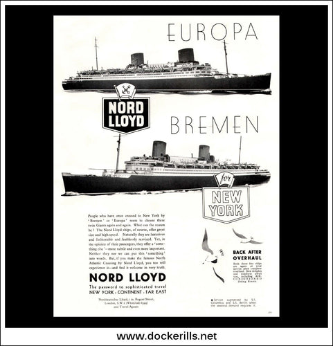 Bremen & Europa Ocean Liners, Nord Lloyd. Original Vintage Advert From 1939.