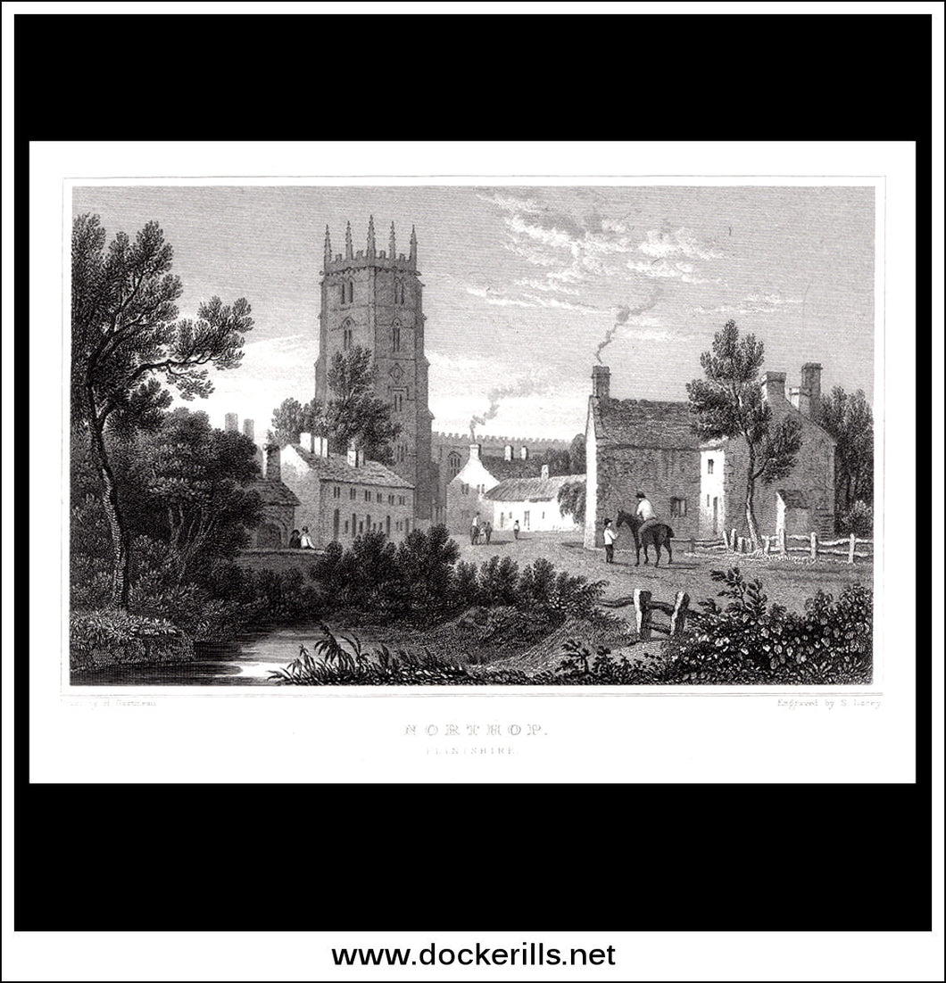 Northop, Flintshire, Wales. Antique Print, Steel Engraving c. 1830.