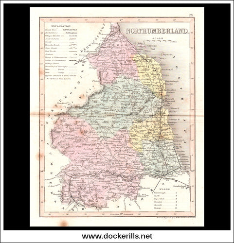 Map Of Northumberland, England. Antique Print, Steel Engraving c. 1846.