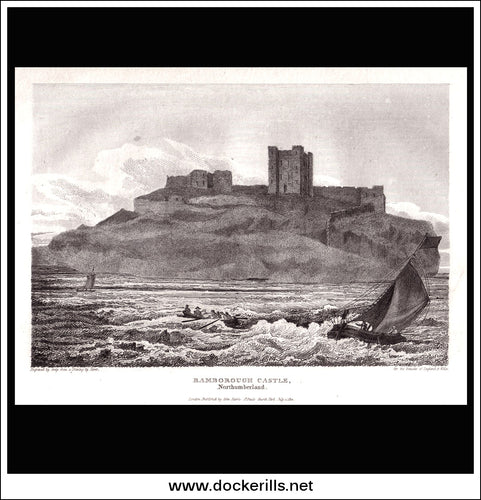 Bamborough Castle, Northumberland, England. Antique Print, Copper Plate Engraving 1812.