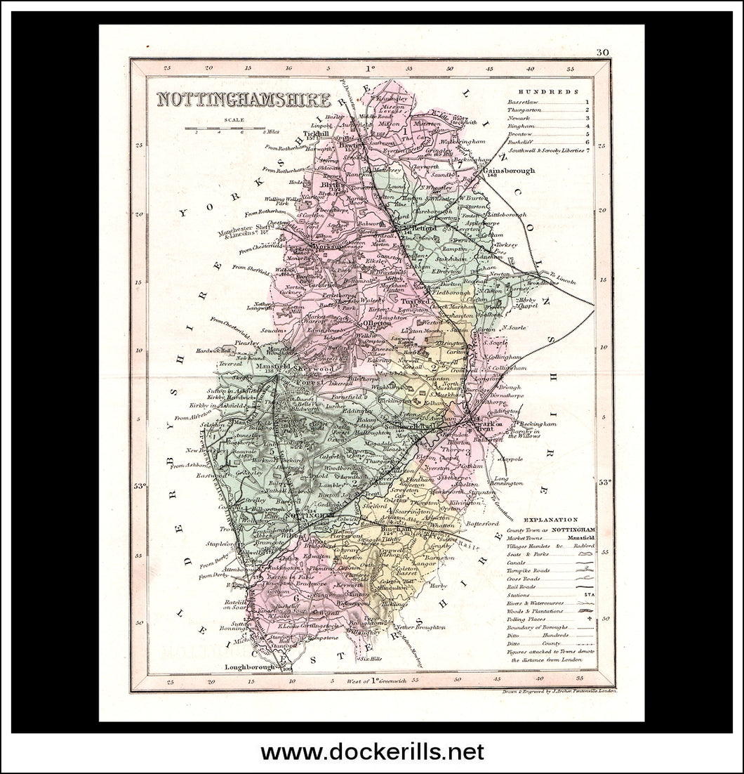 Map Of Nottinghamshire, England. Antique Print, Steel Engraving c. 1846.