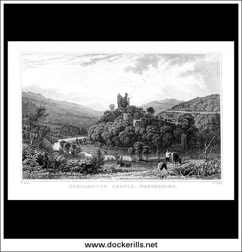 Okehampton Castle, Devonshire, England. Antique Print, Steel Engraving c. 1830.