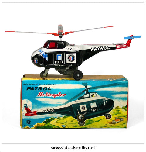 Patrol Helicopter (Police). Vintage Tin Plate Clockwork Toy. Okuma, Japan 1.