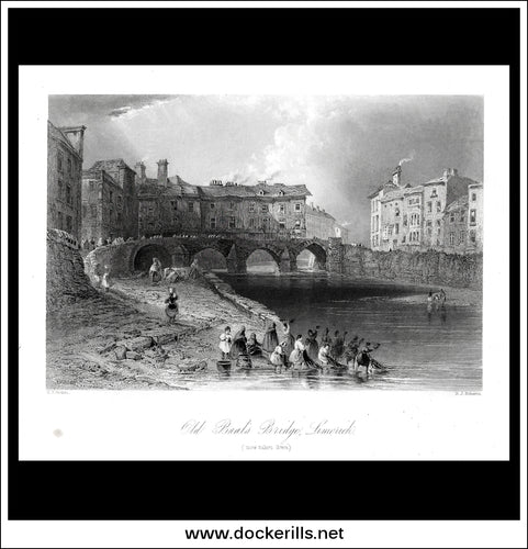 Old Boats Bridge, Limerick, Co. Limerick, Ireland. Antique Print, Steel Engraving c. 1840.