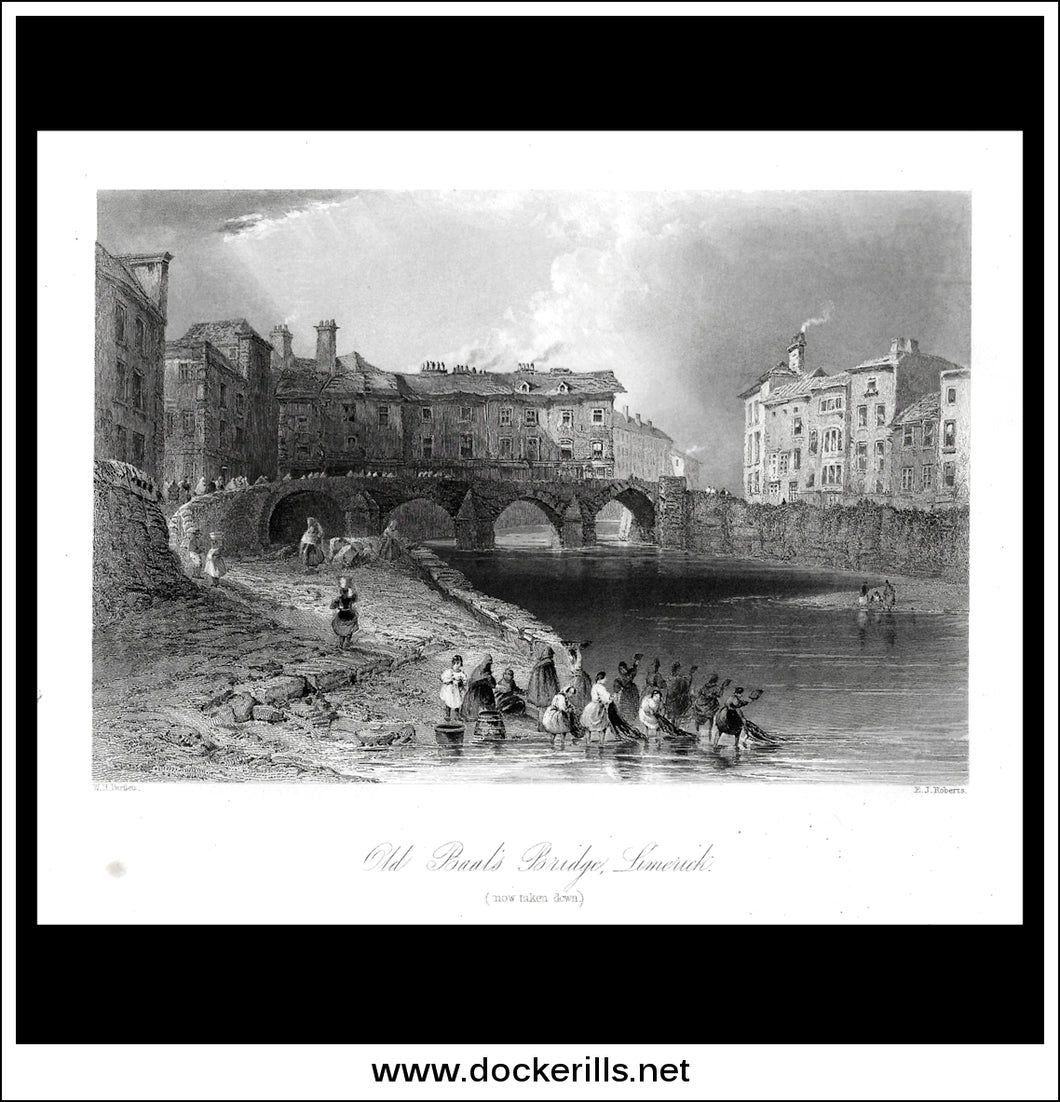 Old Boats Bridge, Limerick, Co. Limerick, Ireland. Antique Print, Steel Engraving c. 1840.