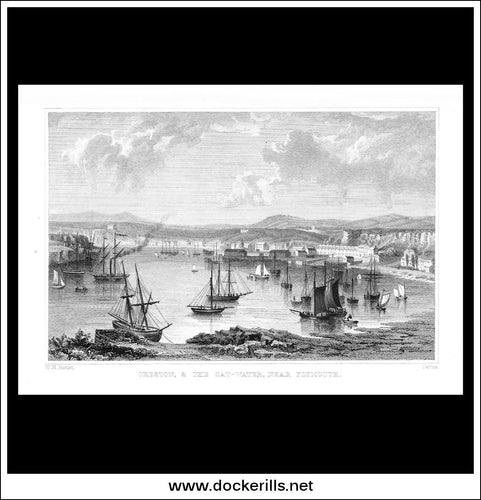 Oreston & The Cat-Water, Near Plymouth, Devonshire, England. Antique Print, Steel Engraving c. 1830.